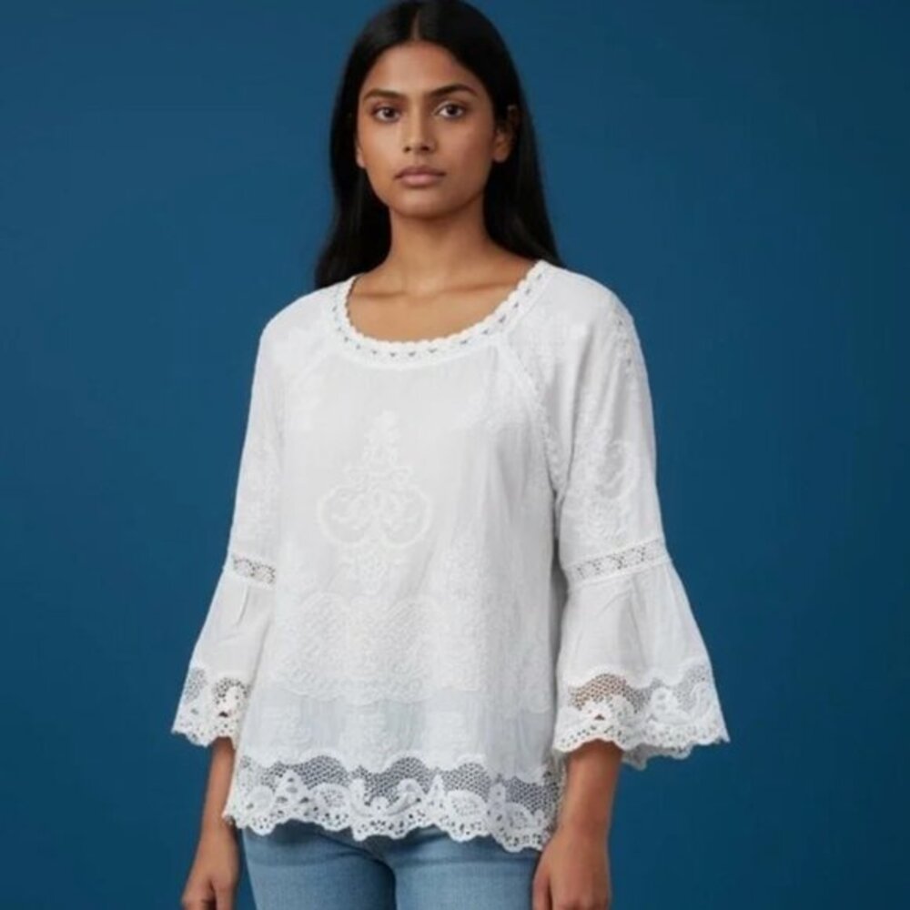 Democracy Crochet Lace Bell Sleeve Embroidered 3/4 Sleeve